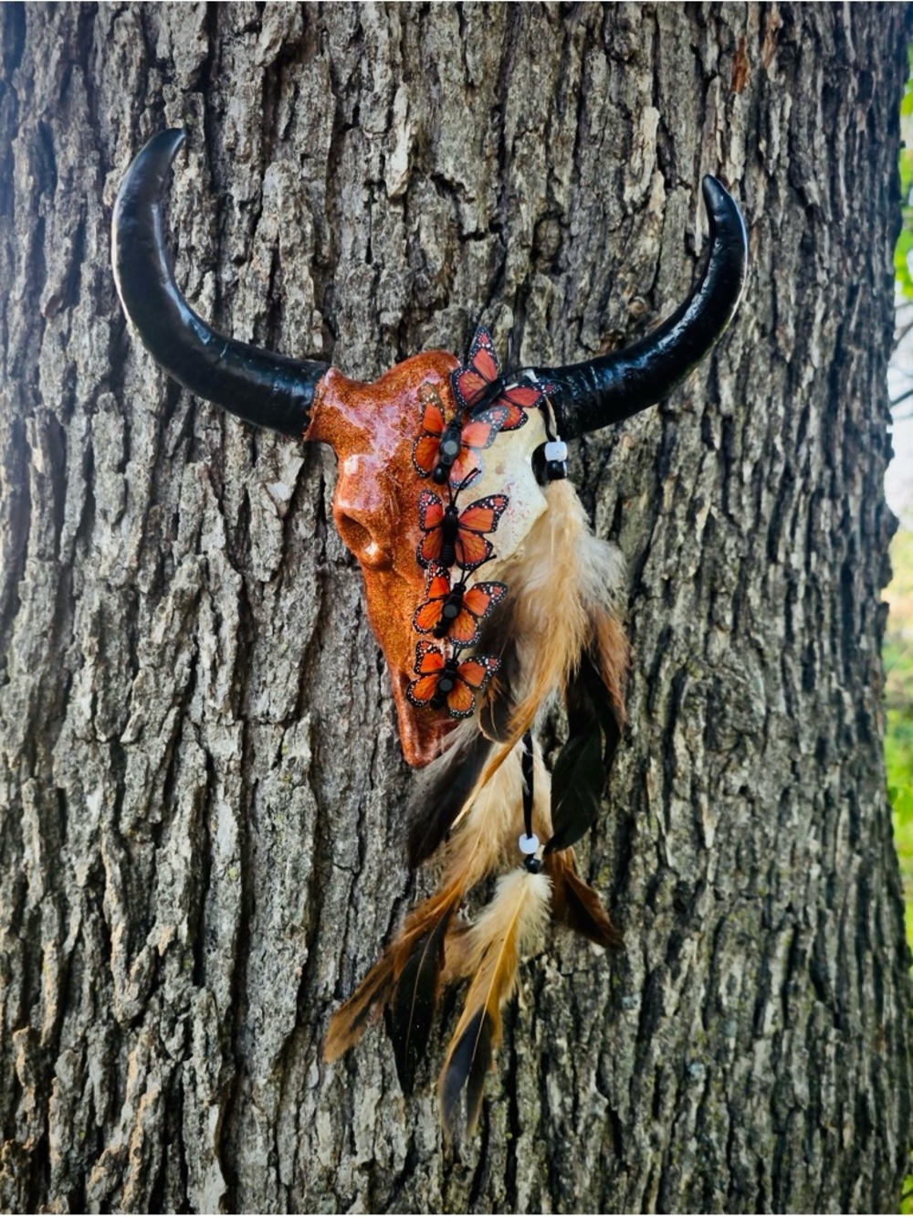 Decorative Bull Skull with Orange Butterflies and Feathers, 3d resin